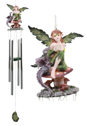 Fantasy Green Petal Rain Dance Tribal Fairy With Dragon Pet Wind Chime Decor