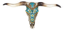 21" Rustic Southwest Steer Bull Cow Skull With Turquoise Cross Wall Decor Plaque