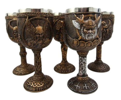 Ebros Odin Loki Thor Valkyrie Battle Longship Resin Wine Goblet Chalice Set of 5