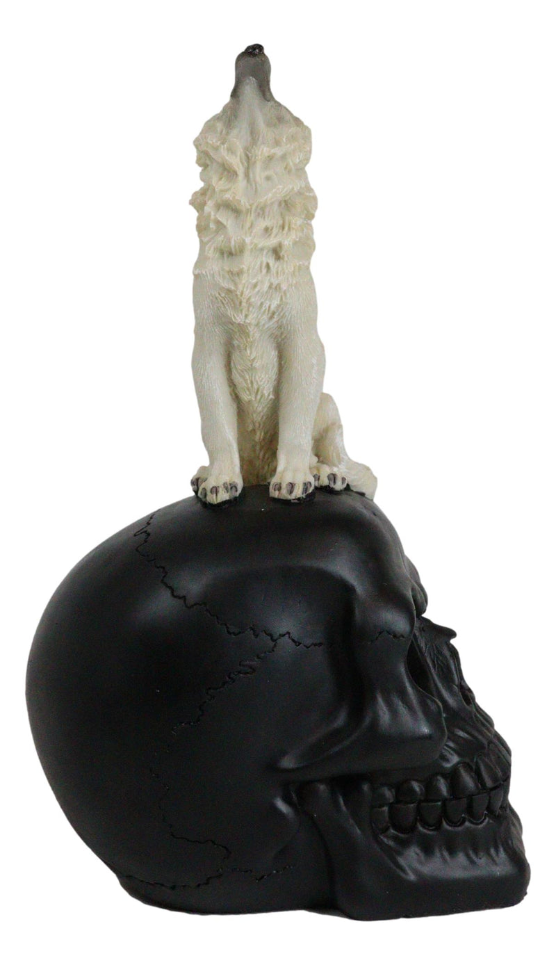 Gothic Full Moon Howling White Wolf Sitting On Black Macabre Skull Figurine