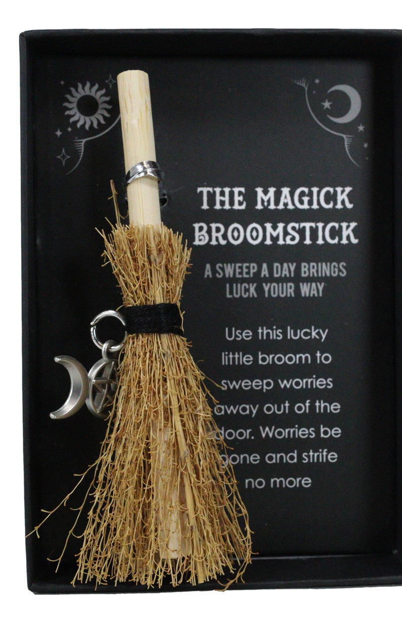 Wicca Witch Broom Magick Broomstick W/ Pentagram Triple Moon Pendant Lucky Charm