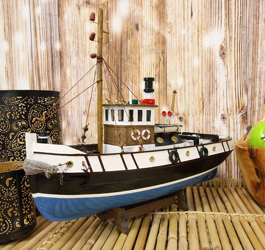 Ebros 17.25"L Blue Wooden Tugboat Boat Model Statue with Wood Base Stand Figure - Ebros Gift