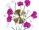 Large Lifelike White Purple Floral Orchid Blooms Gold Plated Metal Wall Clock