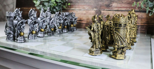 Ebros Silver and Gold King Arthur Merlin Dragons Chess Pieces with Board Set - Ebros Gift
