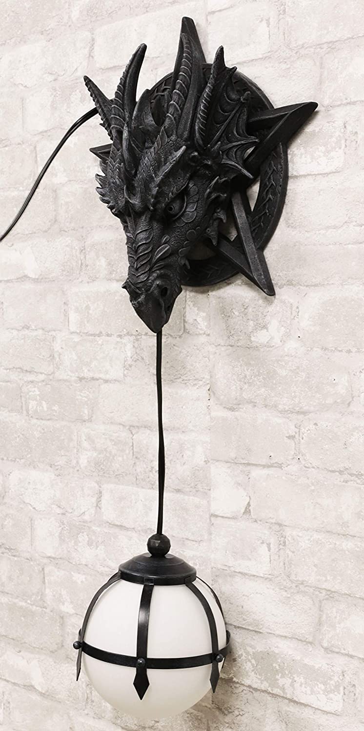 Medieval Fantasy Pentagram Dragon Sculptural Wall Lamp With Hanging Light Orb