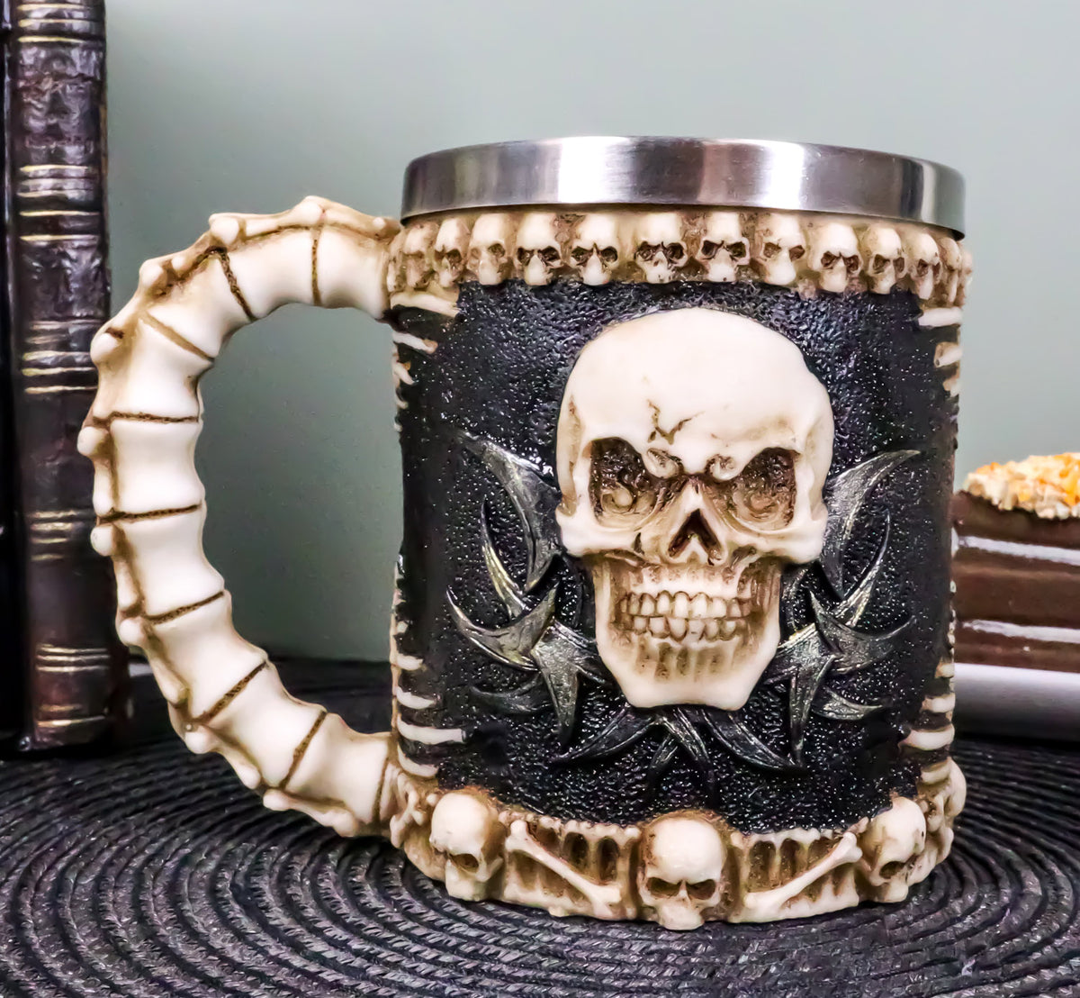 Ebros Evil Grinning Tribal Skull Tankard With Skulls Skeletal Spine Bones Handle - Ebros Gift