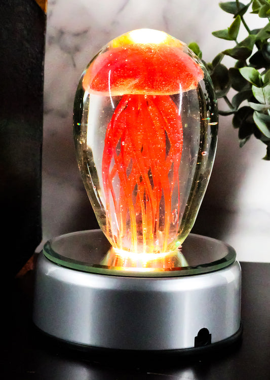 Ebros Hand Blown Glass Glow in The Dark Translucent Jellyfish & LED Base (Red)