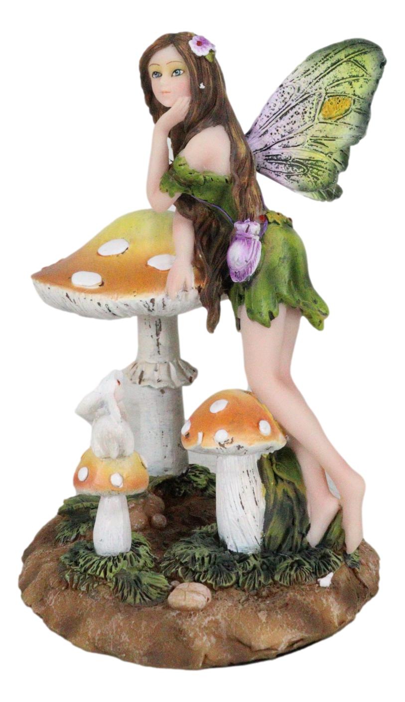 Tribal Fairy With Purple Potion Gourd And White Rabbit By Mushrooms Figurine