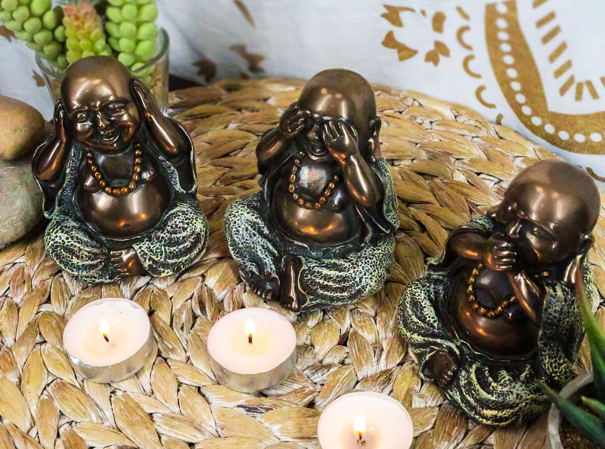 Ebros Small Charm Wise See Hear Speak No Evil Lucky Buddha Statues 4"Tall Bodhisattva Eastern Enlightenment Hotei Figurines - Ebros Gift