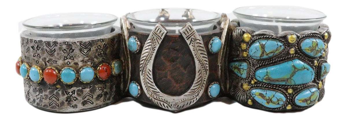Rustic Western Horseshoe Turquoise Pebble Rocks 3 Votive Candles Holder Accent