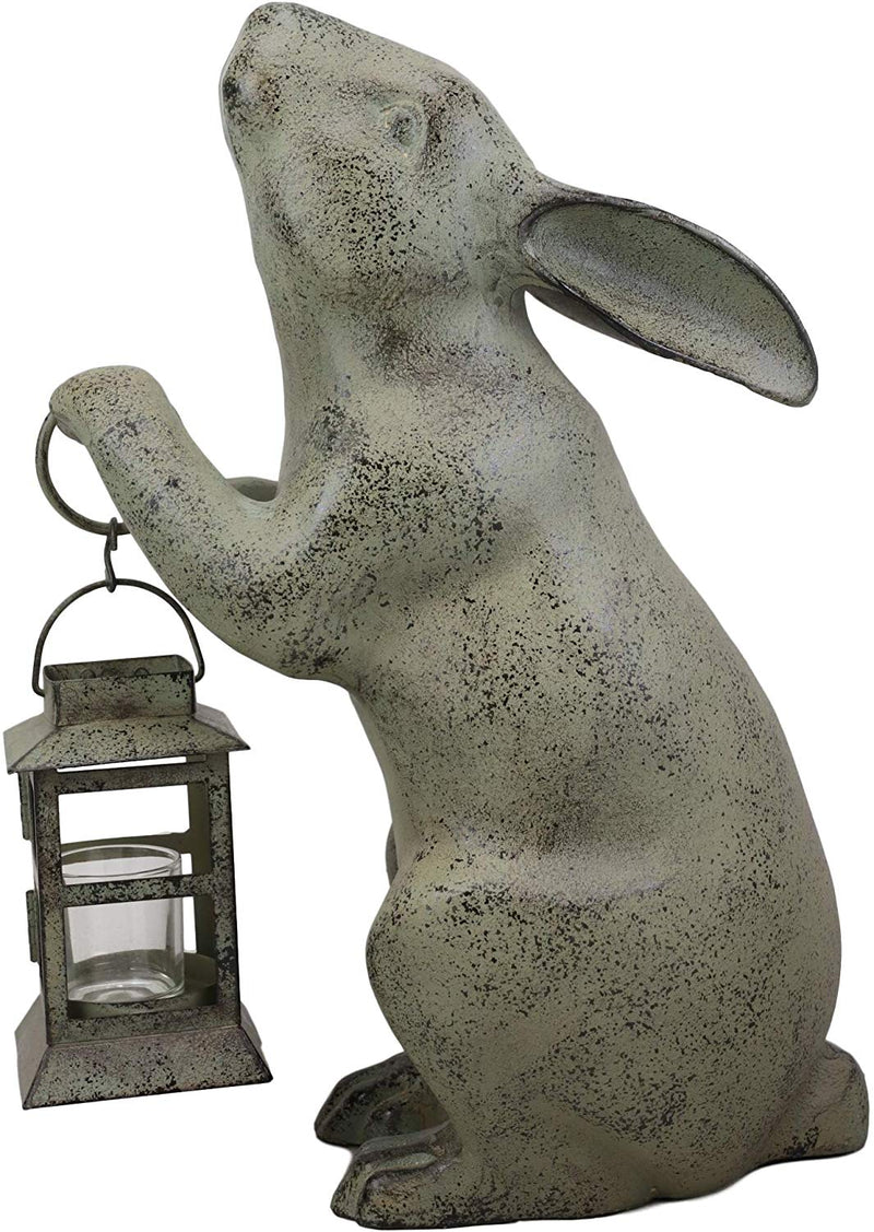 Ebros Verdi Green Bunny Rabbit Holding Rustic Lantern Votive Candle Light Holder