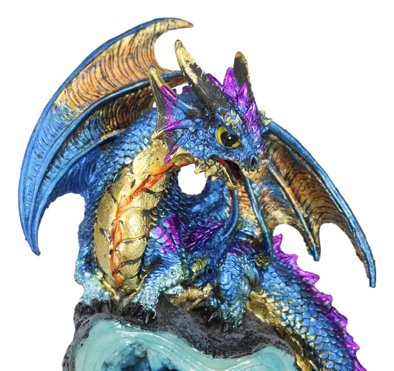 Metallic Blue Iridescent Dragon On Faux Geode Rock Quartz Crystal Cove Figurine