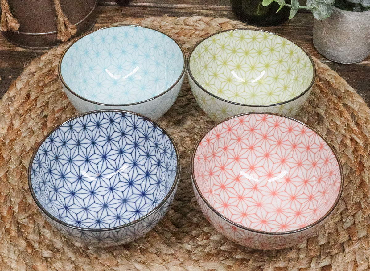 Ebros Gift Japanese Colorful Matrix Polygon Bowls Food Safe 4.5" Diameter Japanese Decorative Bowl Set of 4 Ceramic