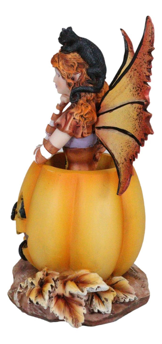 Amy Brown Halloween Mischief Fairy With Black Cats On Grinning Pumpkin Figurine