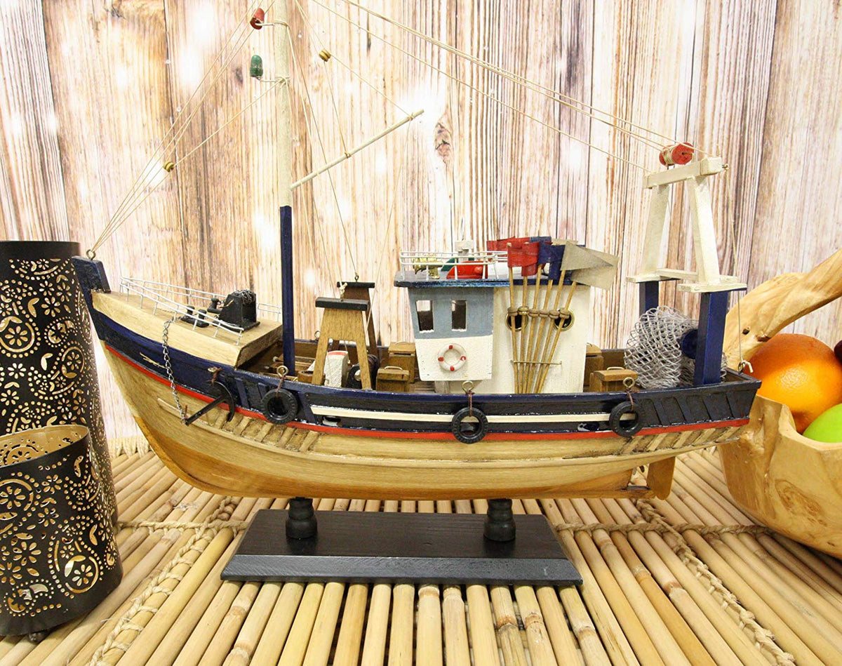 Ebros 17"L Wooden Handicraft Nautical Fishing Vessel Boat Model with Wood Base - Ebros Gift