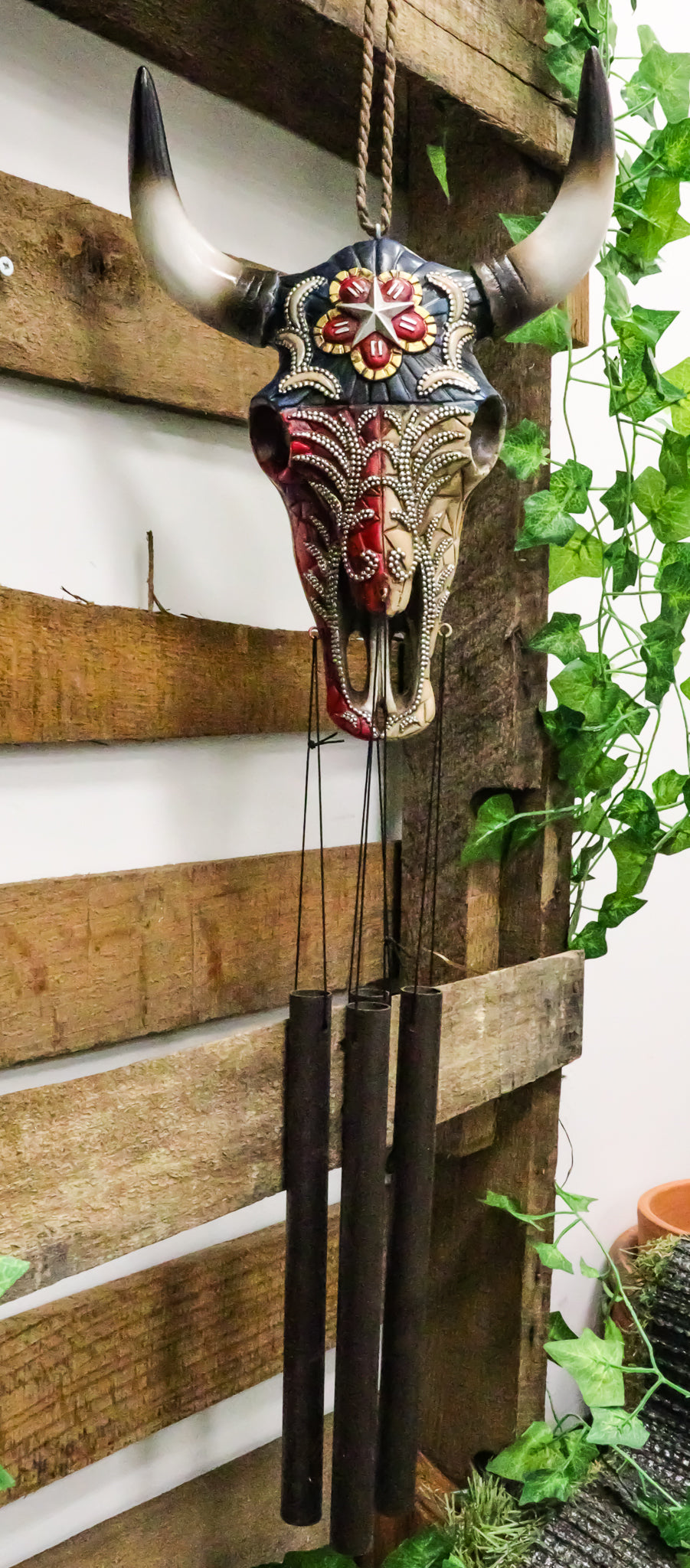 Rustic Western Star Colorful Texas Flag Floral Pattern Bull Cow Skull Wind Chime - Ebros Gift