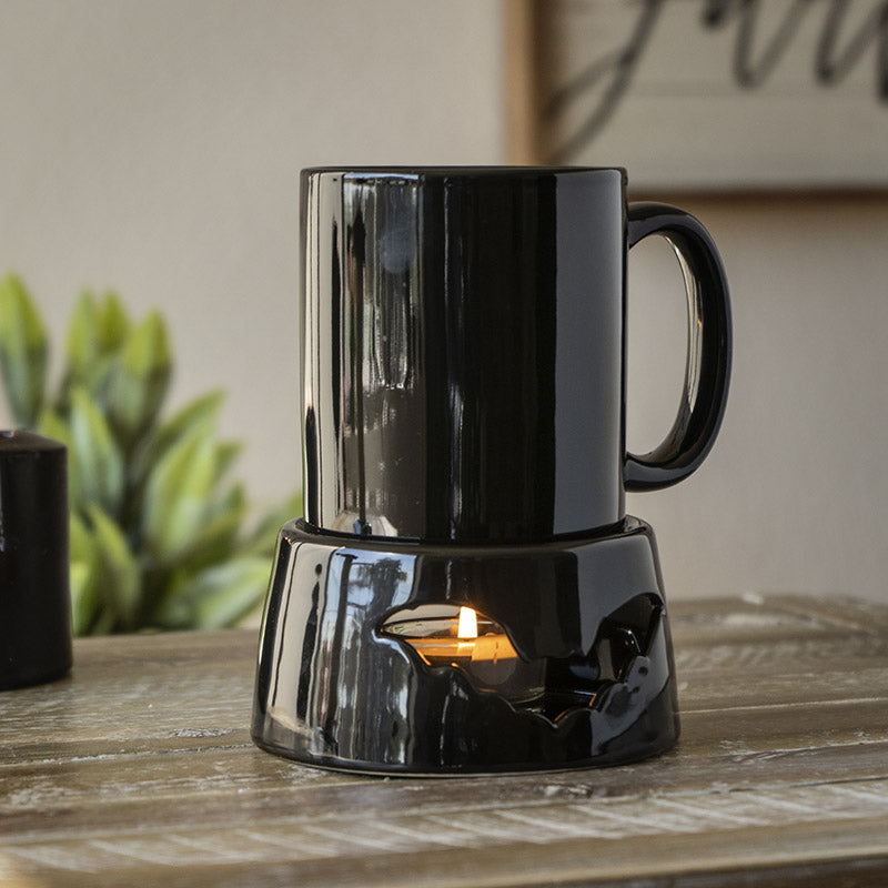 Wicca Vampire Bat Black Cup With Candle Holder Mug Warmer Shadow Caster Set