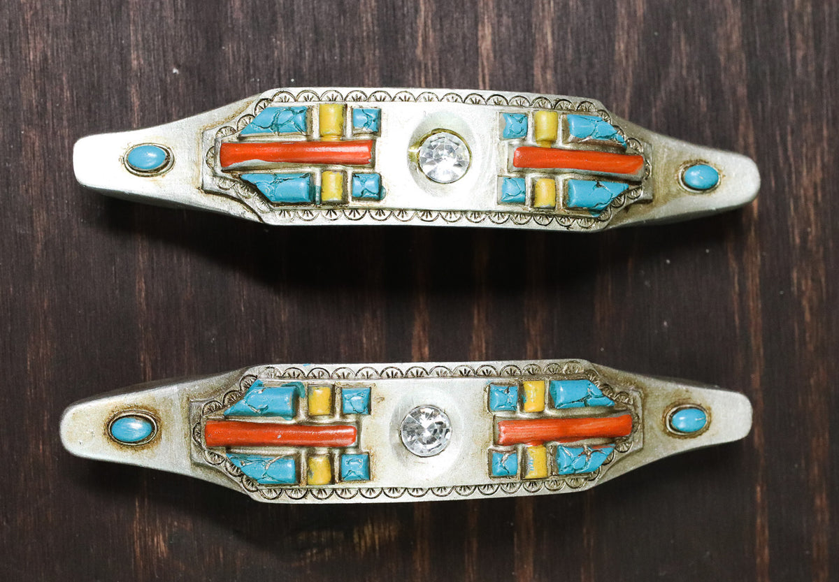 Set of 8 Rustic Southwestern Turquoise Cross Gemstones Crystal Cabinet Bar Pulls