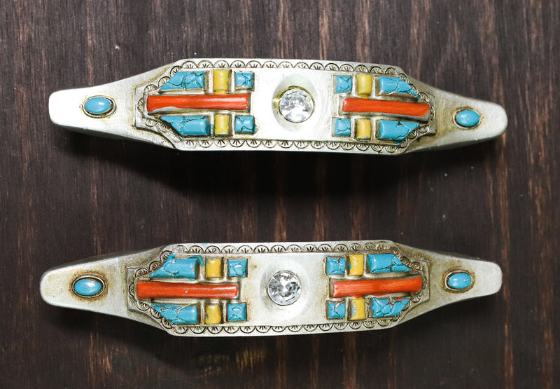 Set of 4 Rustic Southwestern Turquoise Cross Gemstones Crystal Cabinet Bar Pulls