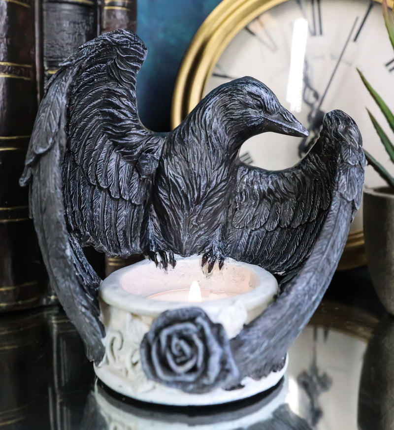 Gothic Edgar Poe Nevermore Raven Ward Black Rose Resin Tea Light Candle Holder