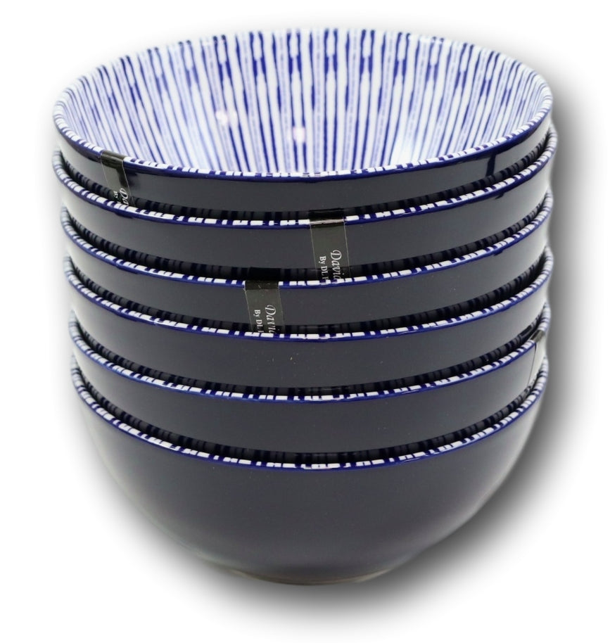 Pack Of 6 Artistic Blue Stripes 'Focus' Cereal Soup Pasta Ceramic Bowls 20oz - Ebros Gift