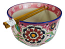 Floral Pink Polkadot Art Splash Ramen Noodles Soup Large 6"D Bowl W/ Chopsticks