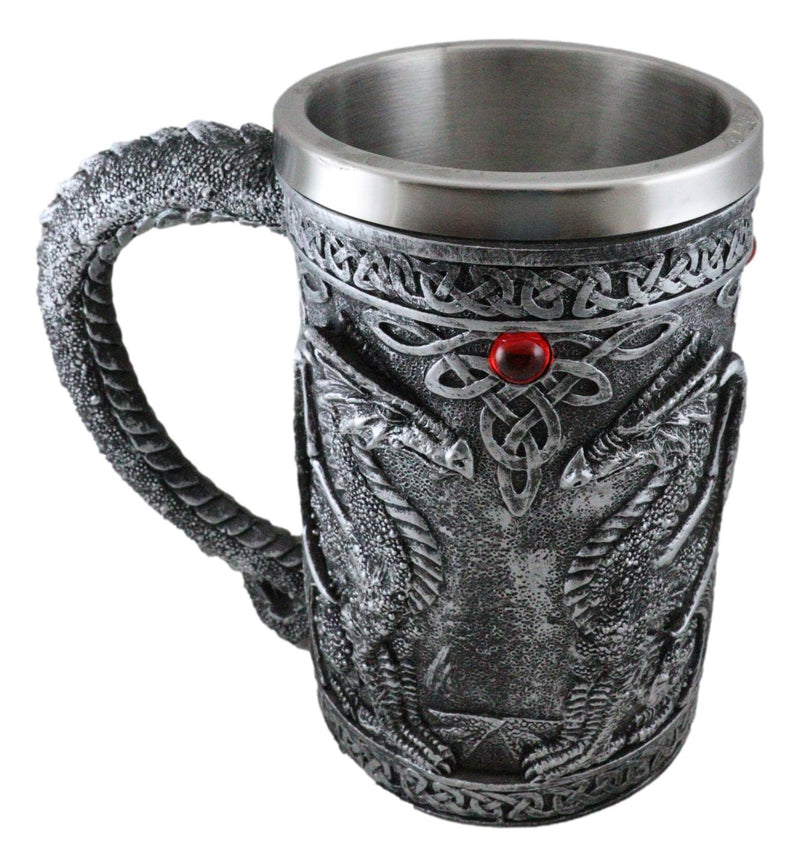 Large Silver Celtic Twin Dragon Fire Drakes Coffee Mug Beer Stein Tankard 14oz