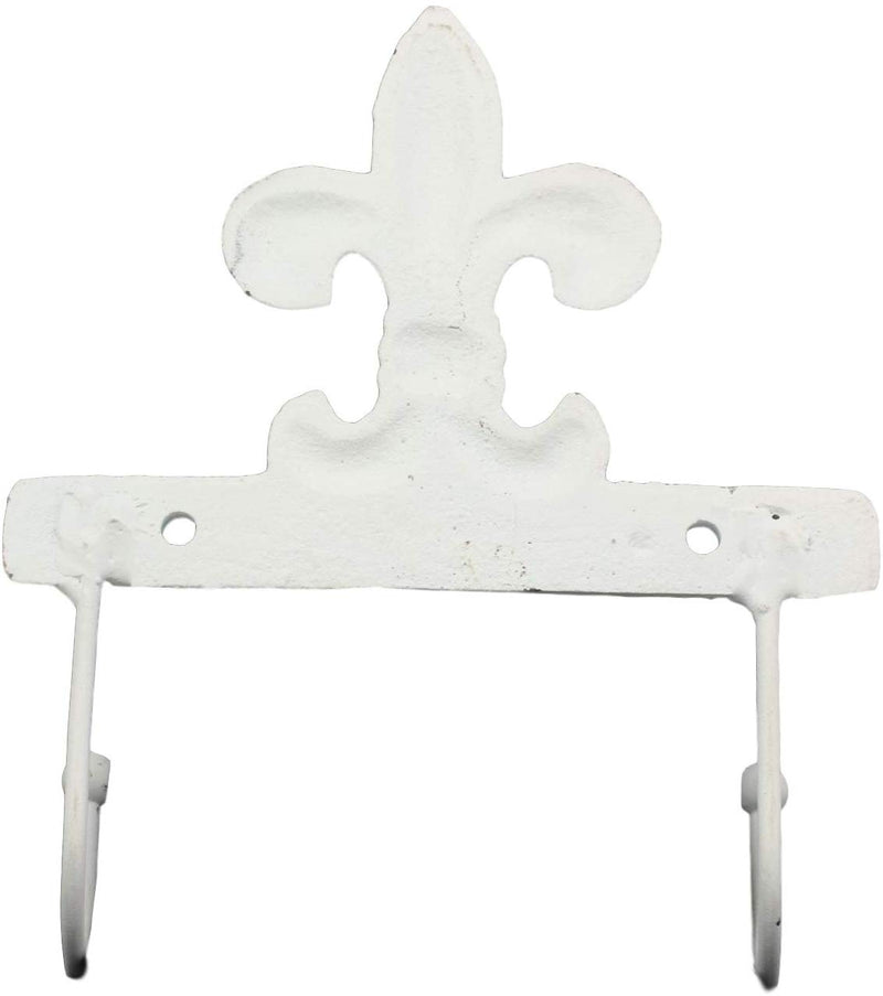 Ebros Gift 5.75" Tall Cast Iron Rustic Vintage Distressed White Fleur De Lis Emblem with 2 Peg Hooks Decorative Wall Hook Southwestern Hangers Accent for Keys Leashes Coats Hats (1)