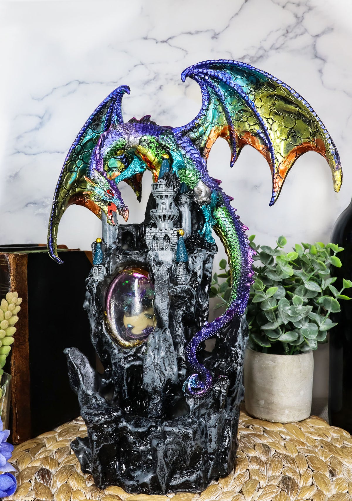 Large Rainbow Dragon On Castle Statue With Wyrmling In Egg LED Light Glass Ball - Ebros Gift