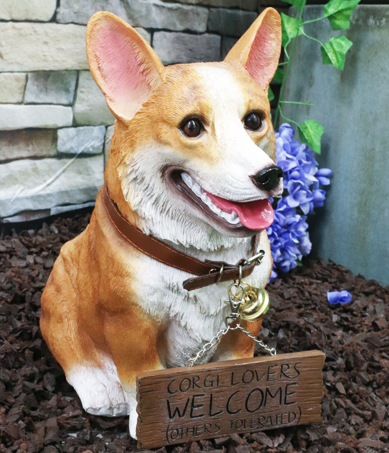 Ebros Realistic Pembroke Welsh Corgi Dog Statue 13"L With Jingle Collar Greeting Sign