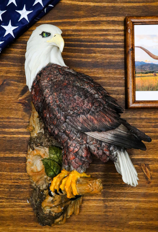 Large Mountain Grand Bald Eagle Perching On Tree Branch Wall Decor Plaque 17.5"H