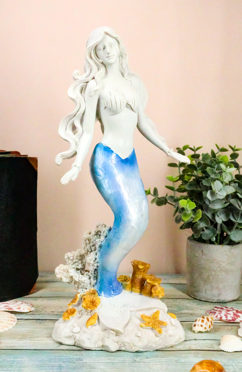 Ebros Capiz Blue & White Ombre Tail Mermaid Standing By Sea Coral Reef Statue