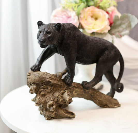 Ghost Hunter Black Panther Cougar On Weathered Tree Log Statue Jaguar Decor