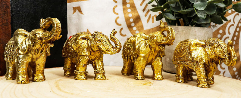 Thai Golden Elephant Feng Shui Figurine Set Of 4 Trunk Raised Elephants 3.5"Long