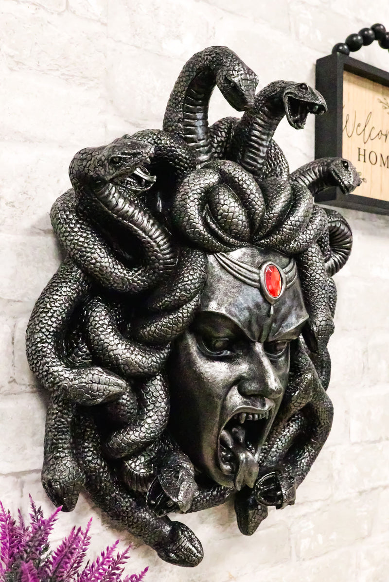 Greek Gorgon Goddess Medusa Head With Hair of Snakes And Red Gem Wall Decor