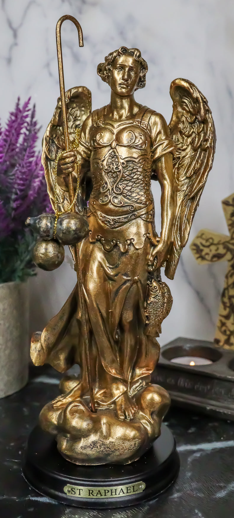 8.25"H Catholic Church Saint Archangel Raphael With Staff & Healing Oil Figurine