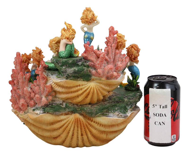 Ebros 10" Wide Colorful Nautical Ocean 2 Tier Golden Giant Clam Shell With Coral Reefs LED Glow Lights Display Stand With 12 Miniature Mergirls Figurine Set Fantasy Mergirl Mermaids Sirens of The Seas - Ebros Gift