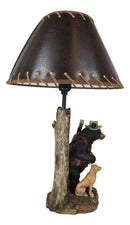 Rustic Forest Hunting Dog And Black Bear With Rifle and Binoculars Table Lamp