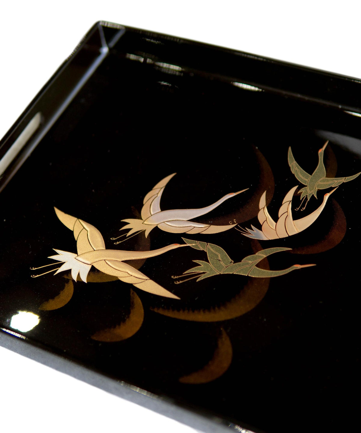 Japanese Flying Cranes 19" by 12" Large Black Lacquer Serving Tray With Handles - Ebros Gift