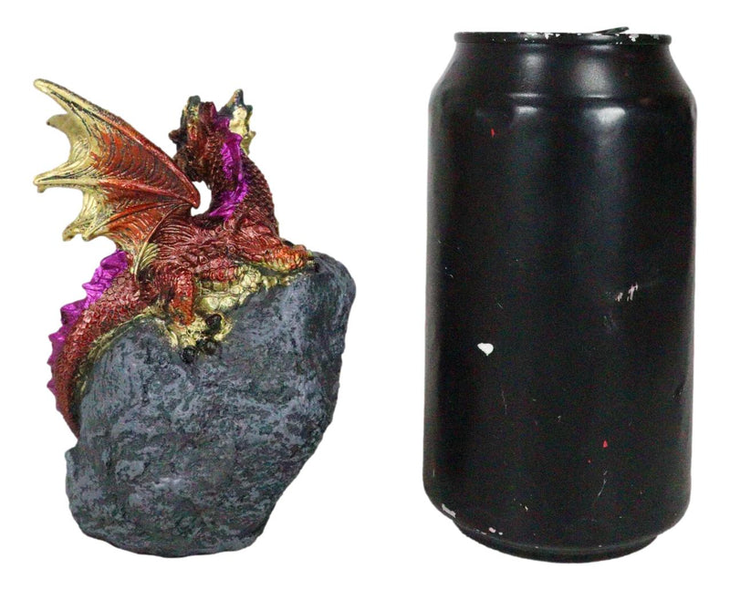 Metallic Red Iridescent Wyrmling Dragon On Faux Geode Crystal Rock Figurine 4"H