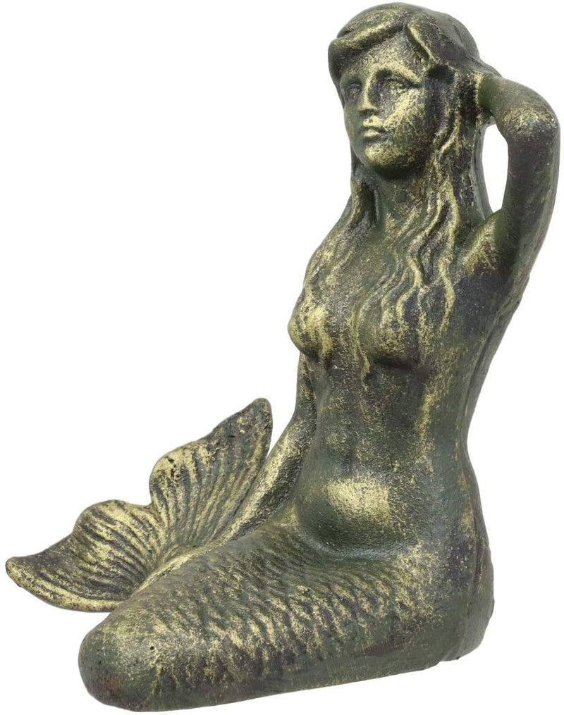 Ebros Gift 6.75" Tall Nautical Siren Expecting Mermaid Cast Iron Rustic Vintage Patina Finish Statue Ocean Goddess Princess Coastal Beach Under The Sea Mermaids Decorative Accent