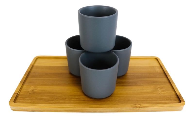 Matte Black Modern Ceramic 28oz Tea Pot With 4 Cups And Bamboo Serving Tray Set