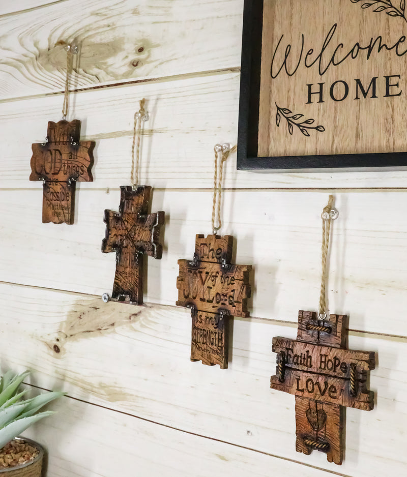Set Of 4 Rustic Christian Bible Verses Faux Wood Christmas Tree Cross Ornaments