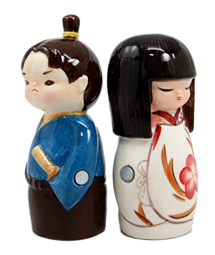 Ebros Cultural Asia Japanese Kokeshi Couple Ceramic Magnetic Salt Pepper Shakers Set