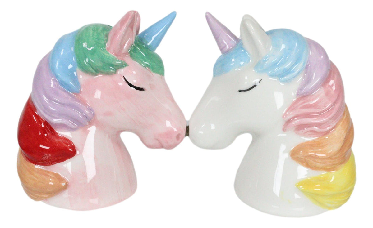 Pink and White Rainbow Mane Kissing Sacred Unicorns Salt And Pepper Shakers Set