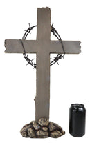 Large Rustic Western Barbed Wire Crown Faux Wood Cross On Rocks Desktop Plaque