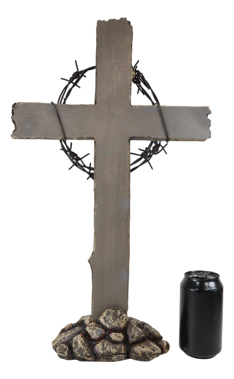 Large Rustic Western Barbed Wire Crown Faux Wood Cross On Rocks Desktop Plaque