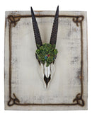 Rustic Western Oryx Gazelle Antelope Skull With Green Roses Wall Decor Plaque