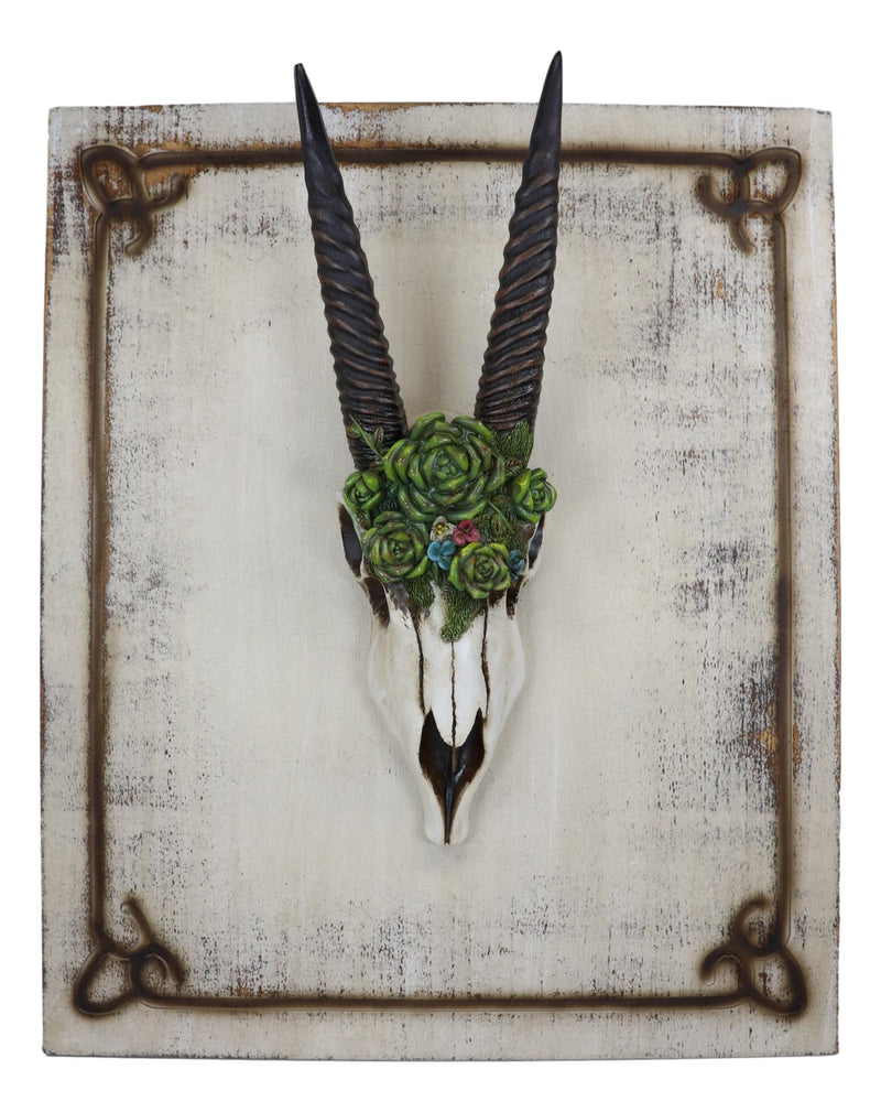 Rustic Western Oryx Gazelle Antelope Skull With Green Roses Wall Decor Plaque
