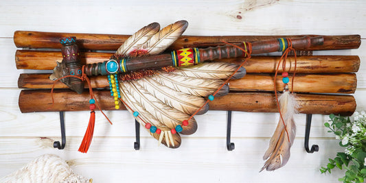 Rustic Western Indian Chief Headdress Calumet Pipe Feathers 4-Peg Wall Hooks - Ebros Gift